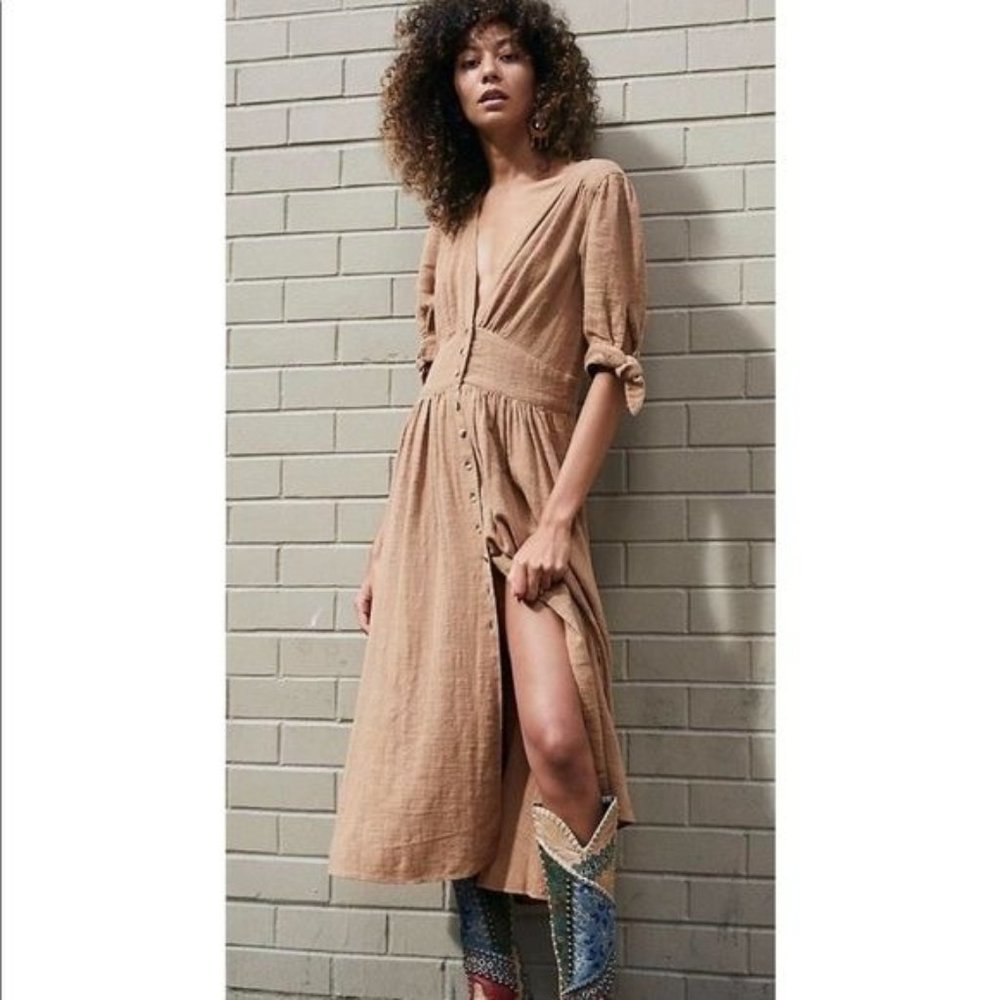 NWT Free People Love of my Life Button Front V Neck Midi Dress Khaki Size S